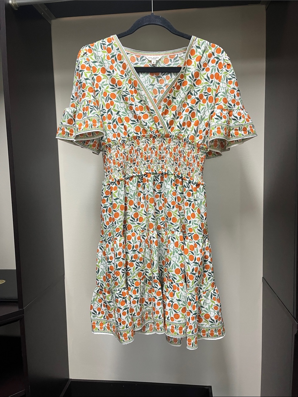 Max Studio White Orange & Green V-Neck Smocked Mini Dress